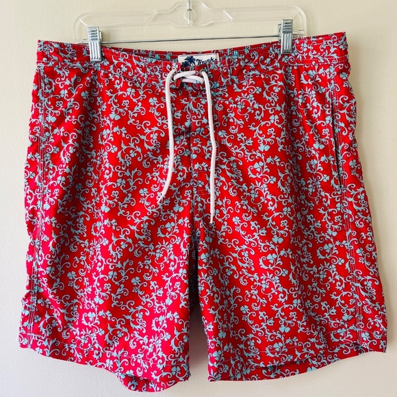 Trunks Surf n Swim Red Turquoise Lace Up Pockets Summer Pants Shorts Size L - Picture 1 of 11